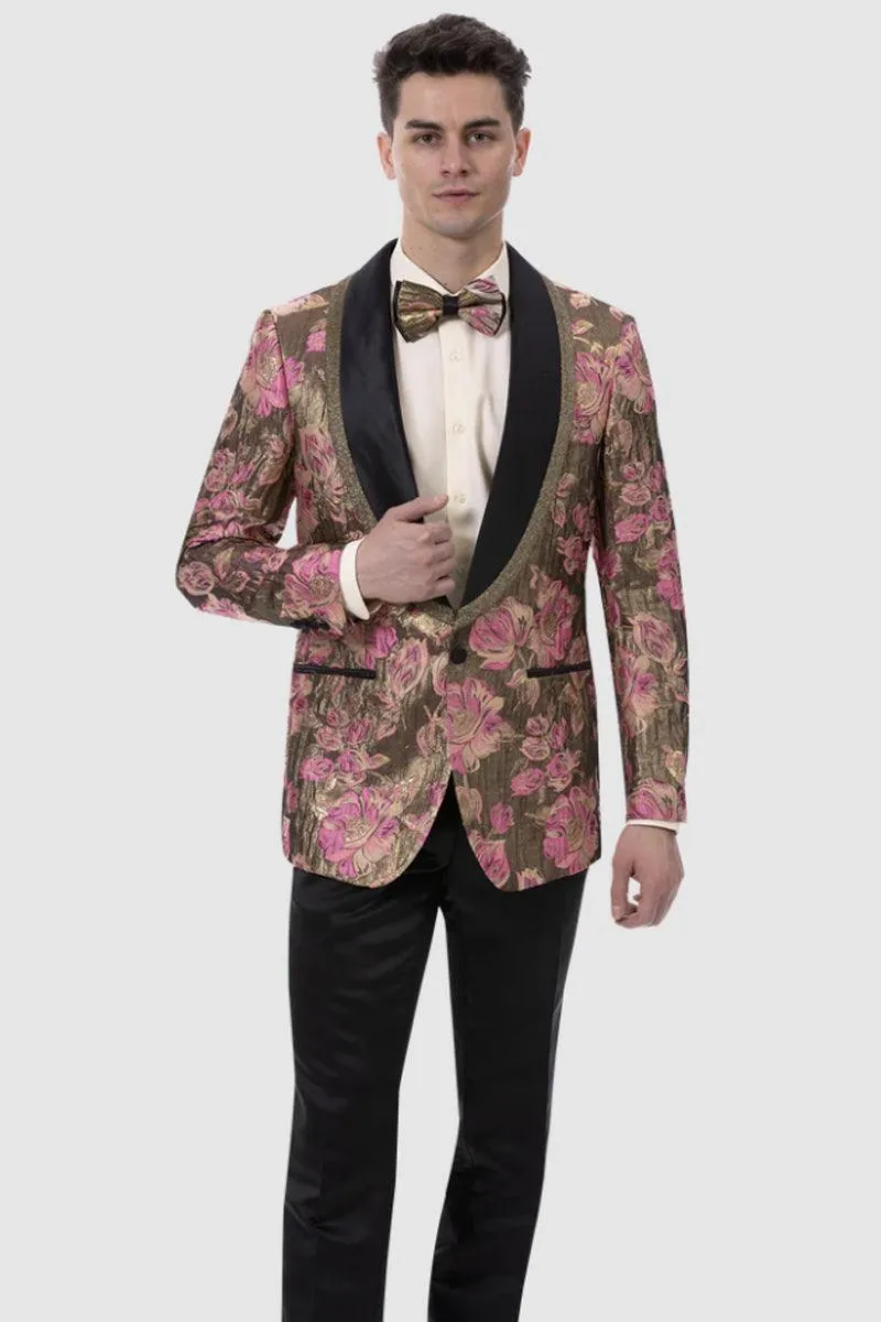 "Fuschia & Gold Floral Paisley Prom Smoking Jacket by EJ Samuel" sold by Alberto Nardoni