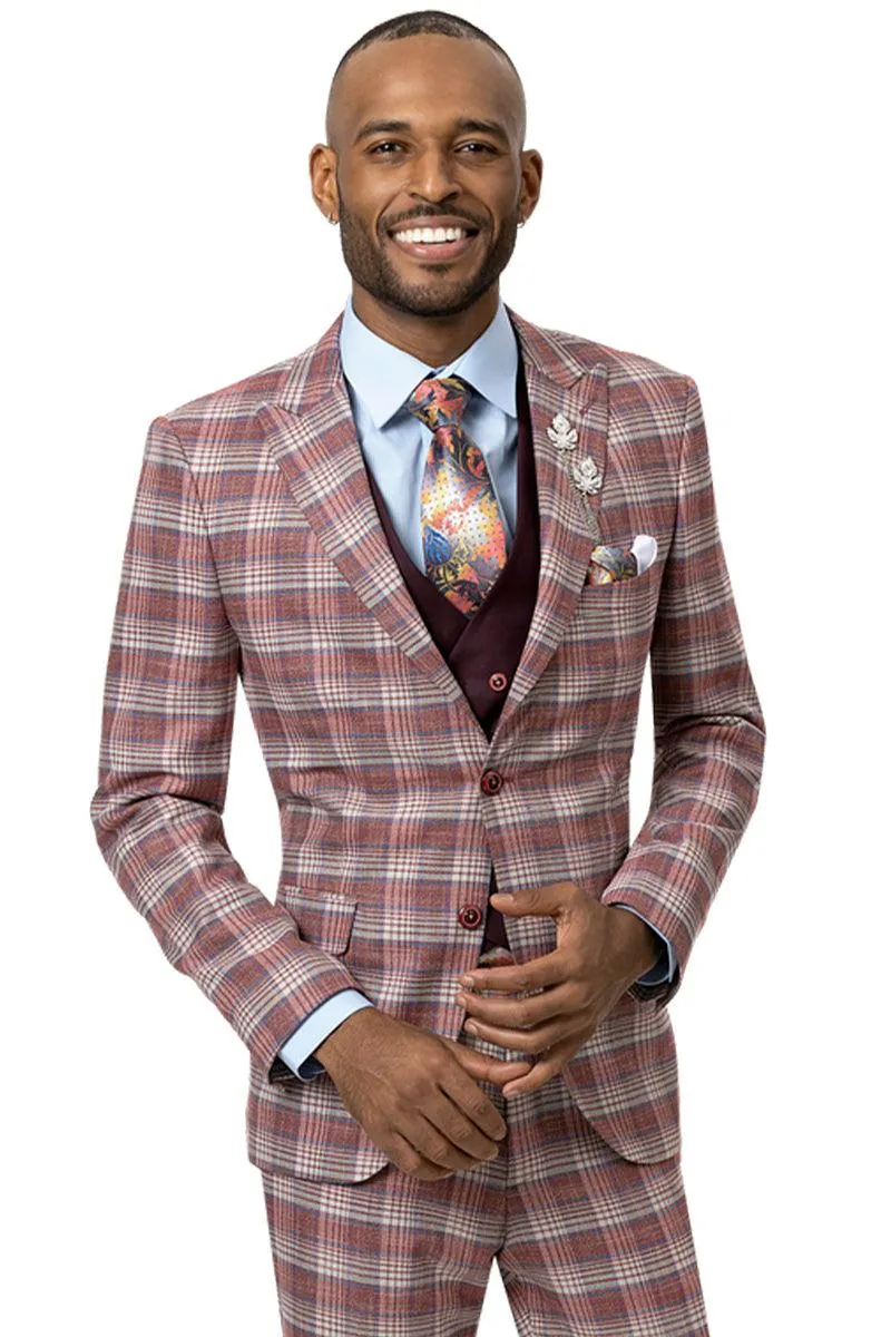 EJ Samuel Modern Fit Double Breasted Vest Suit - Burgundy Windowpane Plaid sold by Alberto Nardoni