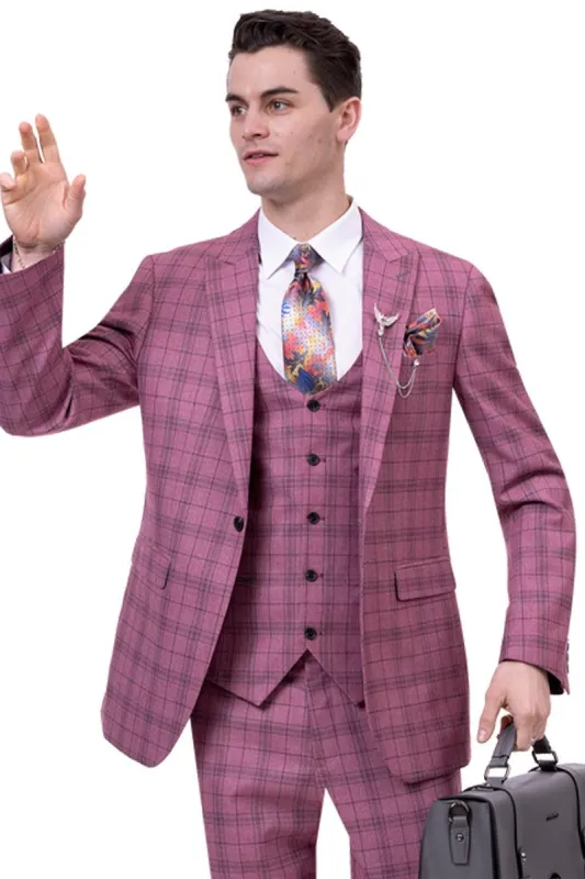 "EJ Samuel Men's 1-Button Vested Suit in Mauve Pink Windowpane Plaid" sold by Alberto Nardoni