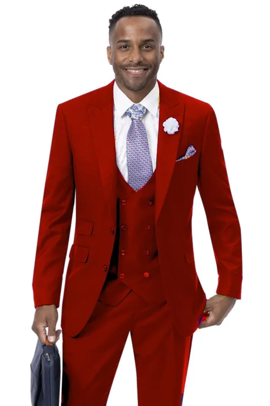 EJ Samuel Men's Vested Peak Lapel Suit in Red: Modern Style with Double Breasted Vest sold by Alberto Nardoni