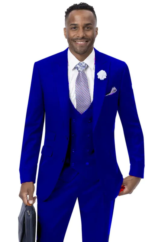EJ Samuel Two Button Modern Suit w/ Peak Lapel & DB Vest in Midnight Blue sold by Alberto Nardoni