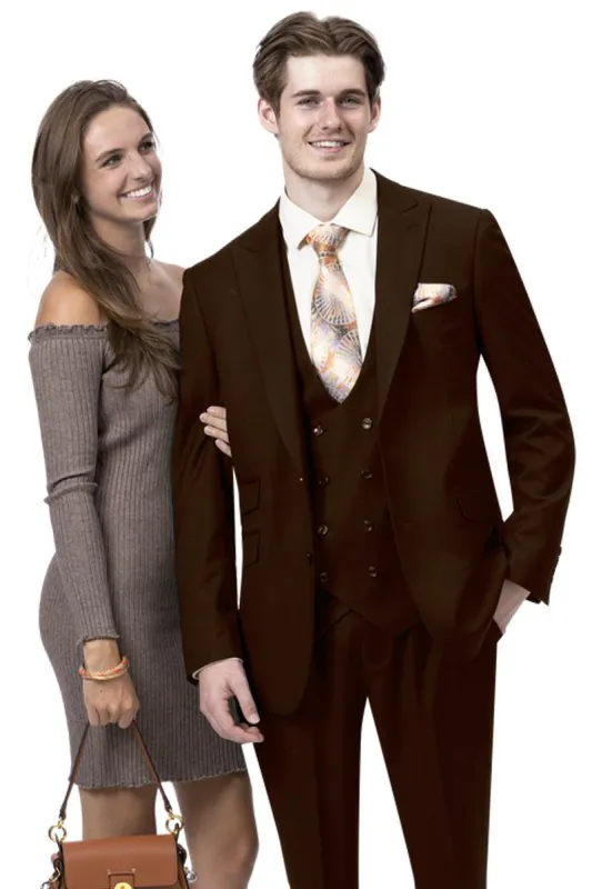 "EJ Samuel Mens Brown Modern Peak Lapel Suit with Vested Double Breasted Vest" sold by Alberto Nardoni