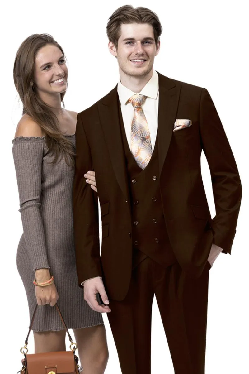 "EJ Samuel Mens Brown Modern Peak Lapel Suit with Vested Double Breasted Vest" sold by Alberto Nardoni