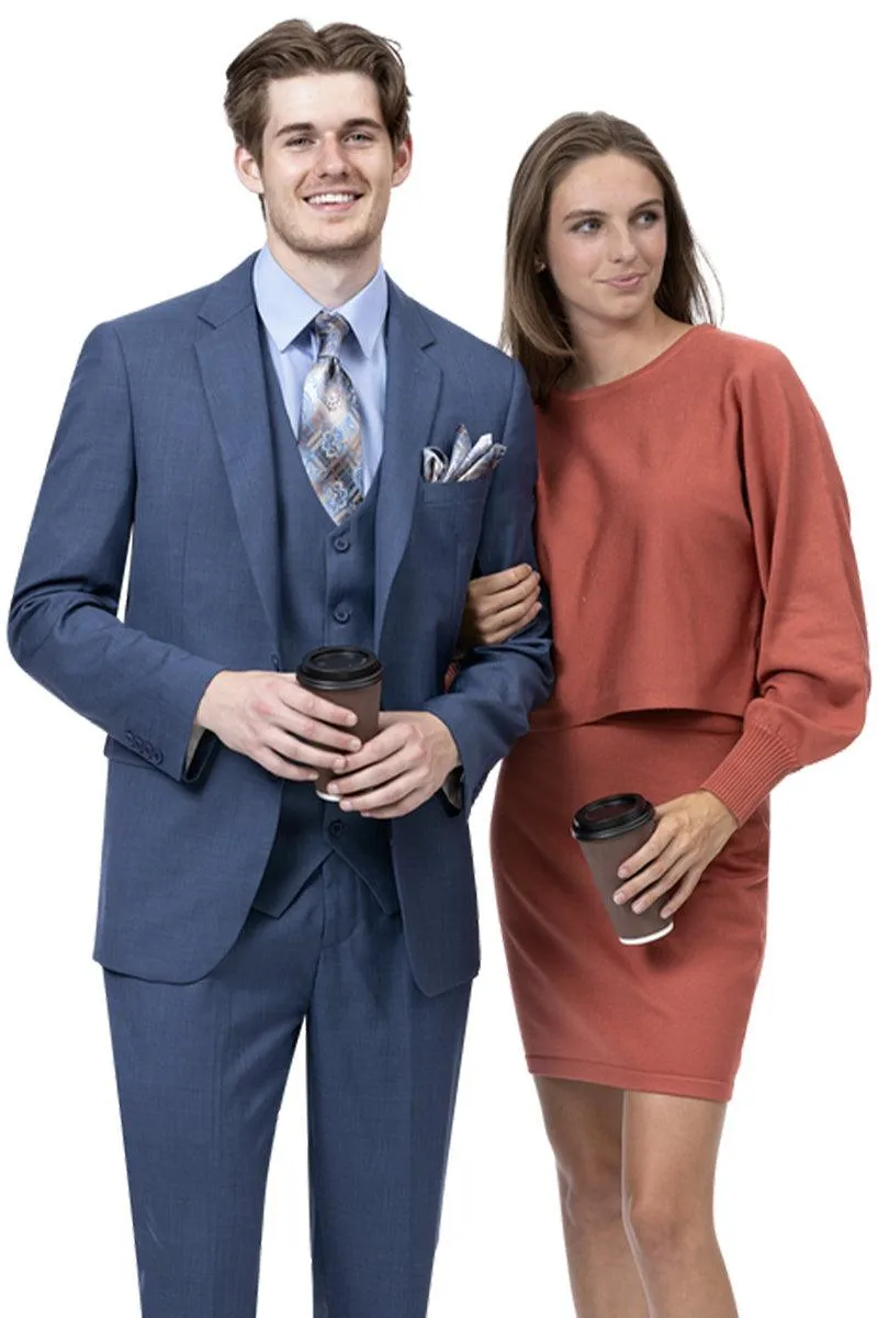 EJ Samuel Men's Sharkskin Vested Business Suit in Midnight Blue - Modern Fits, 2-Button Style sold by Alberto Nardoni