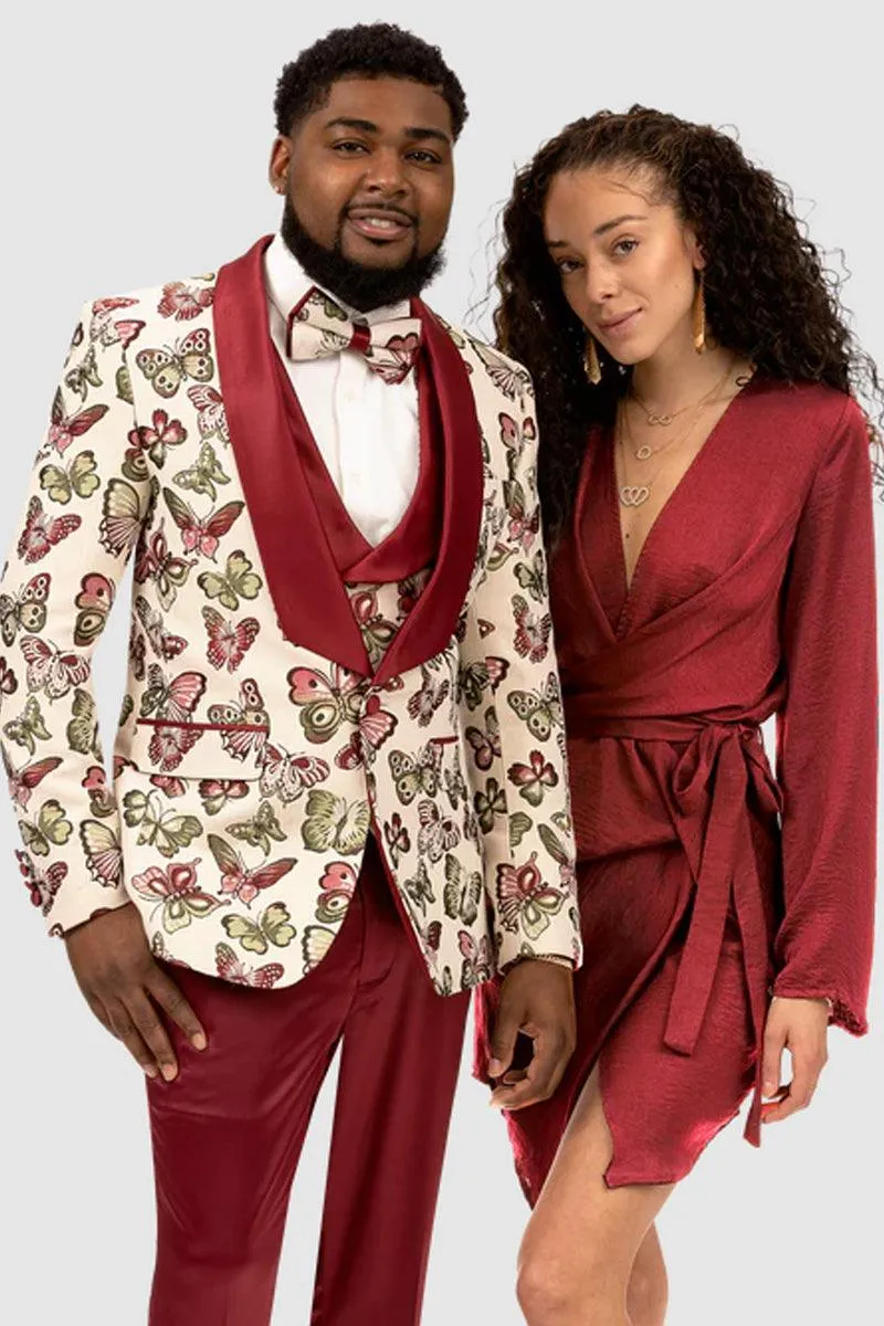 Classic EJ Samuel Beige & Burgundy Butterfly Vested Tuxedo Wedding Menswear sold by Alberto Nardoni