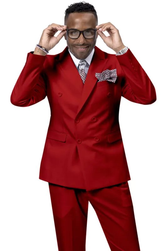 Mens Modern Double Breasted Peak Lapel Suit in Red sold by Alberto Nardoni