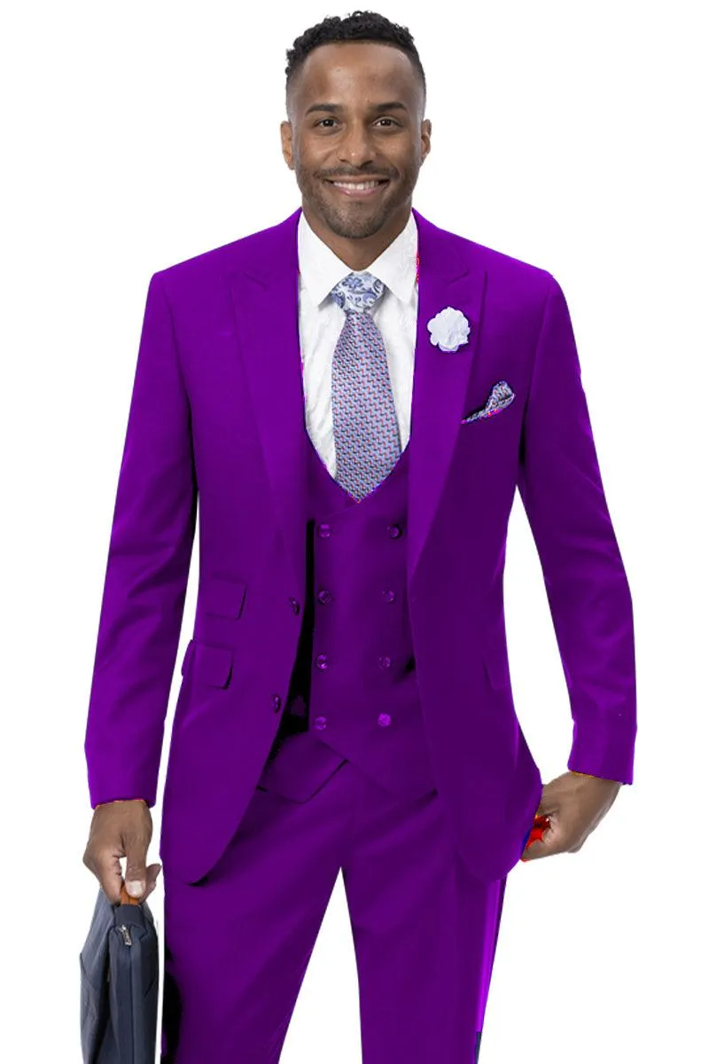 EJ Samuel Men's 2-Button Peak Lapel Vested Suit with Double Breasted Vest - Purple sold by Alberto Nardoni