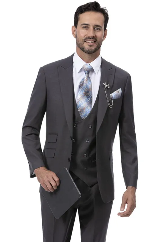 "Charcoal Grey Vested Suit - EJ Samuel Modern 2-Button w/ Peak Lapel & Double-Breasted Vest" sold by Alberto Nardoni
