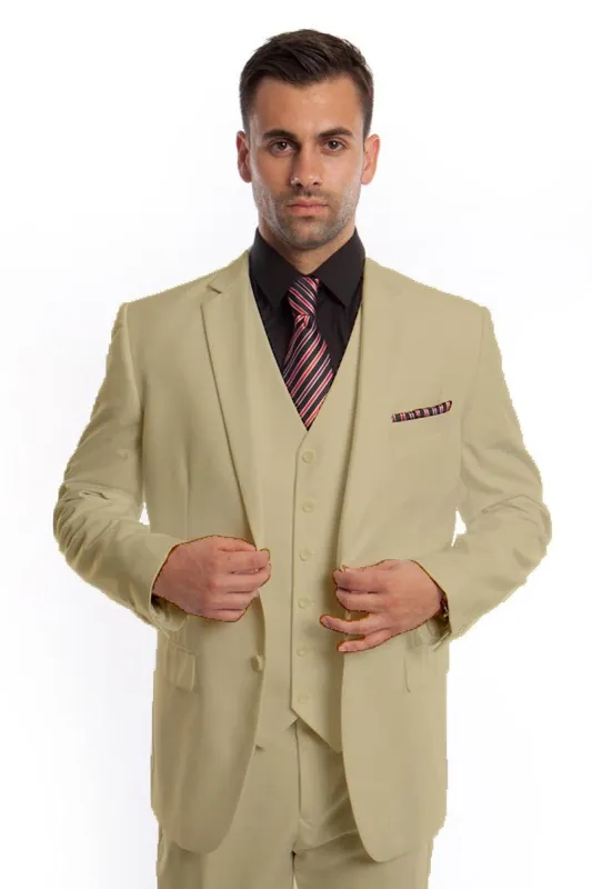 "Men's Solid Color Two-Button Vested Suit for Wedding & Business - Sand" sold by Alberto Nardoni
