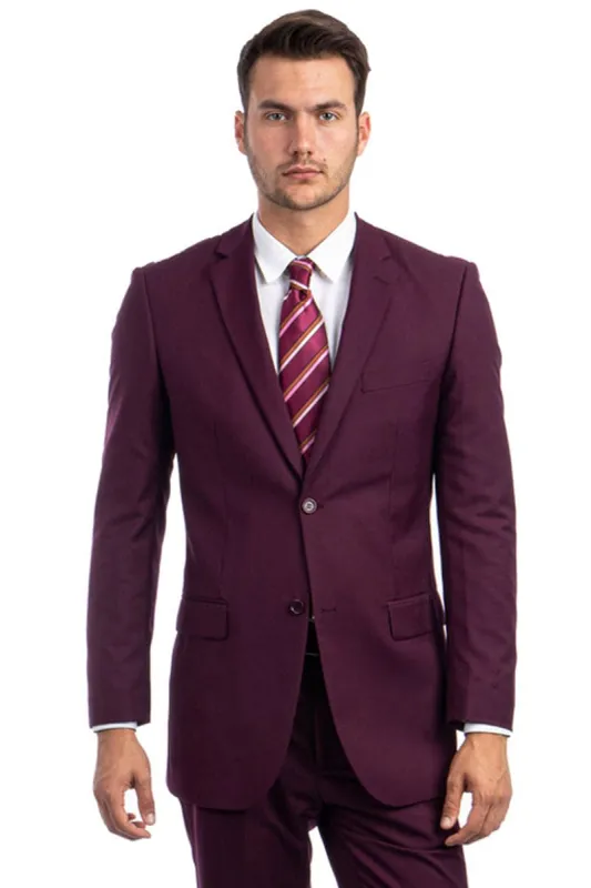 "Modern Fit Men's Business Suit - Two Button Style in Burgundy" sold by Alberto Nardoni
