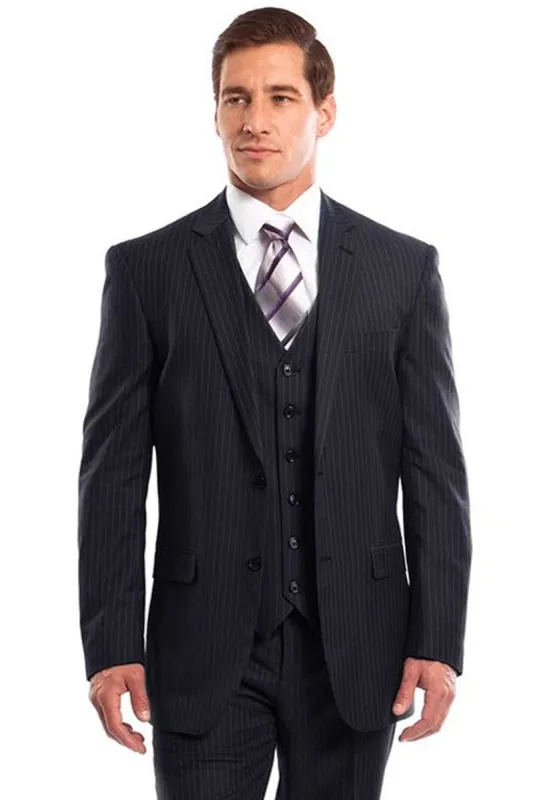 "Men's Navy Blue Pinstripe Business Suit - Two Button Vested Style" made by Alberto Nardoni
