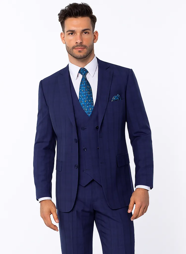 "Modern Fit Men's Plaid Windowpane Suit with Double-Breasted Vest - Navy Blue" sold by Alberto Nardoni product image thumbnail 2