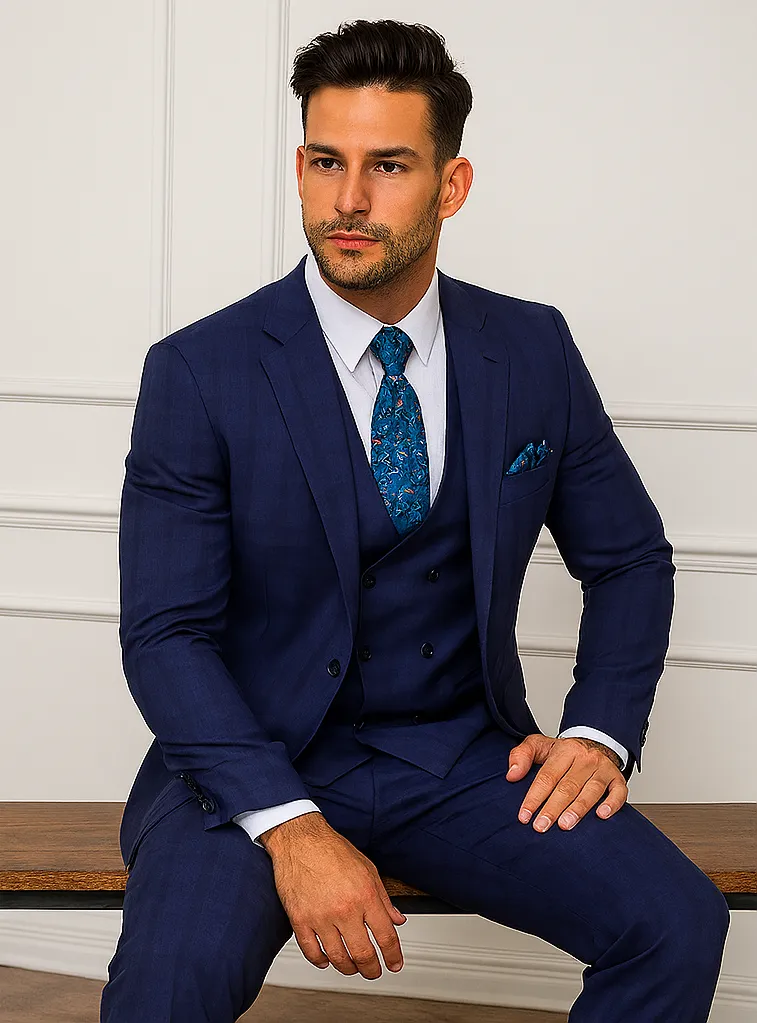 "Modern Fit Men's Plaid Windowpane Suit with Double-Breasted Vest - Navy Blue" sold by Alberto Nardoni product image thumbnail 5