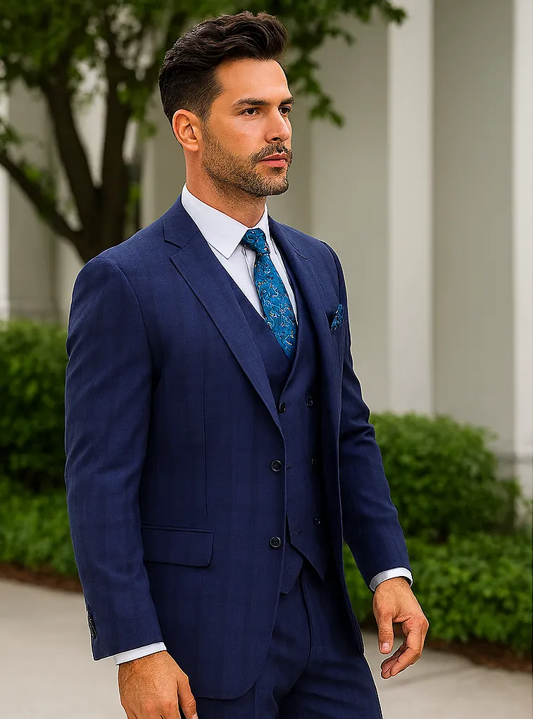 "Modern Fit Men's Plaid Windowpane Suit with Double-Breasted Vest - Navy Blue" sold by Alberto Nardoni product image thumbnail 4