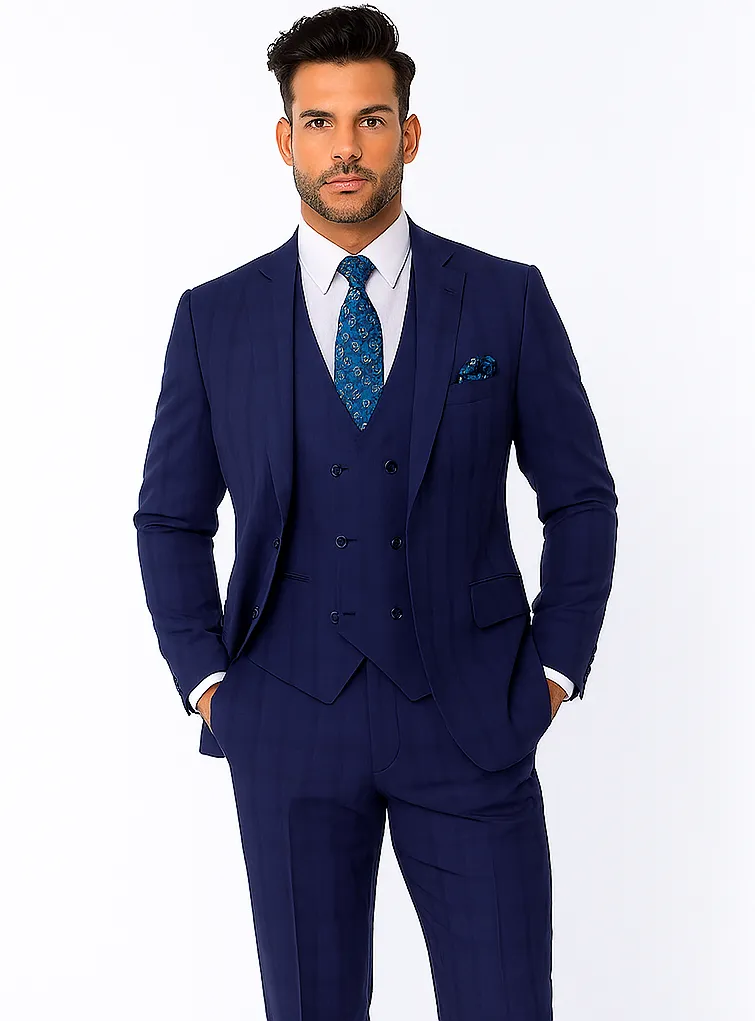 "Modern Fit Men's Plaid Windowpane Suit with Double-Breasted Vest - Navy Blue" sold by Alberto Nardoni