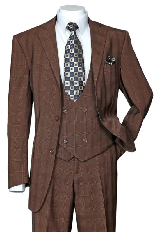 "Modern Fit Plaid Windowpane Men's Suit with Double-Breasted Vest - Brown" sold by Alberto Nardoni