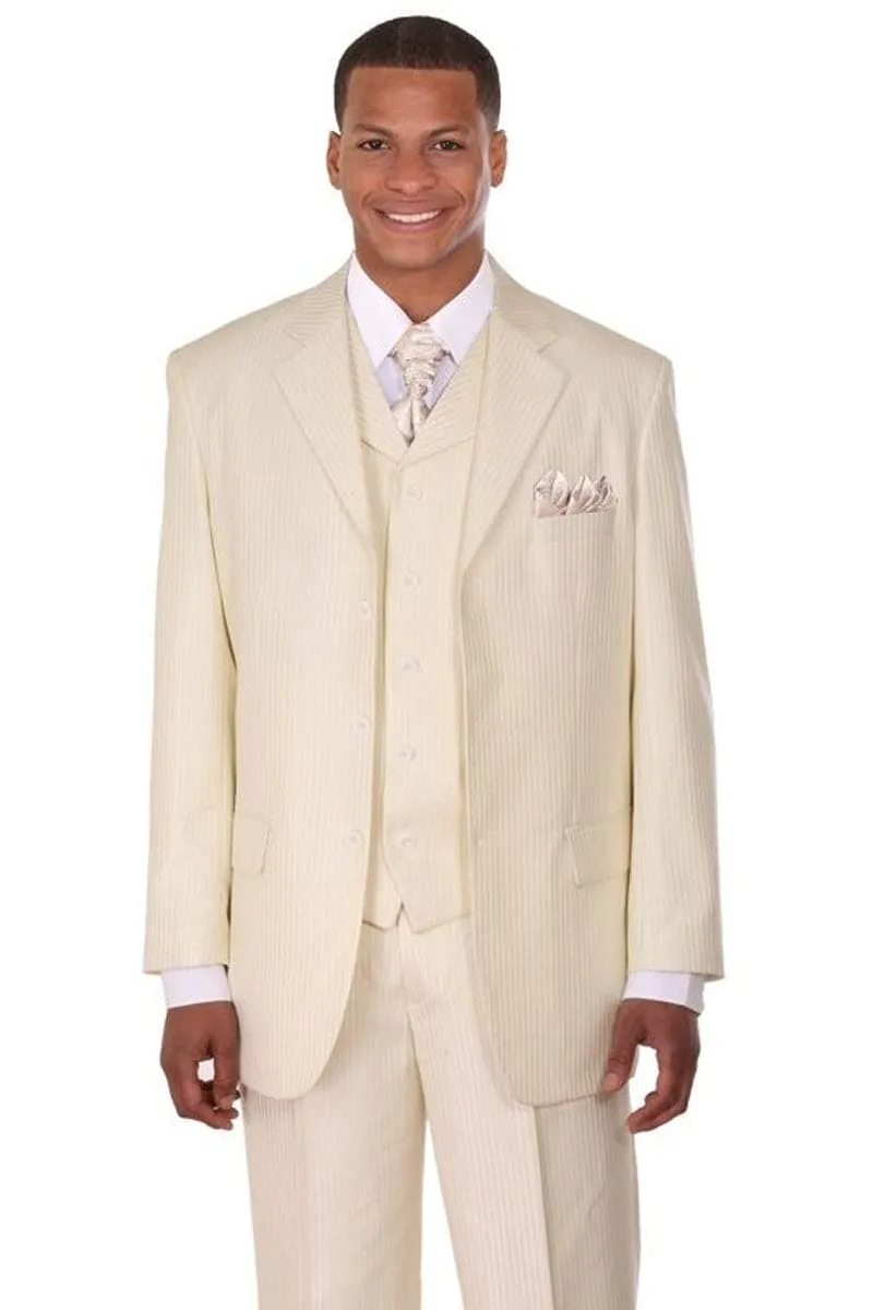 "Sharkskin Pinstripe Suit: Men's 3-Button Vested in Ivory Cream" sold by Alberto Nardoni