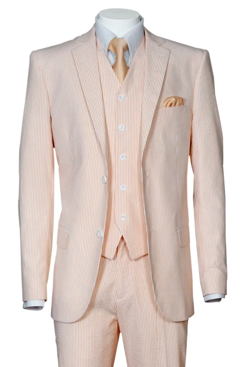 "Peach Seersucker Suit for Men - 2 Button Vested Summer Style" sold by Alberto Nardoni