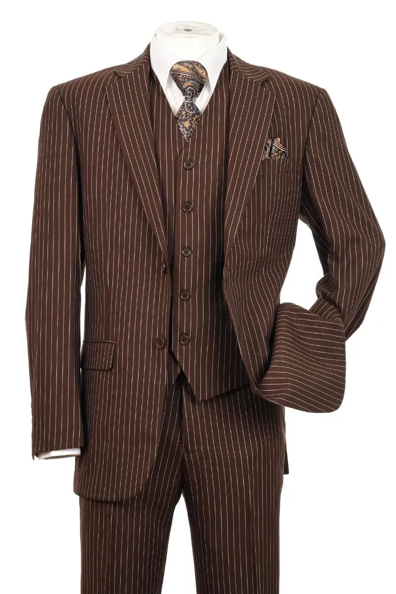 Bold Pinstripe Gangster Suit - Men's 2-Button Vested in Brown sold by Alberto Nardoni
