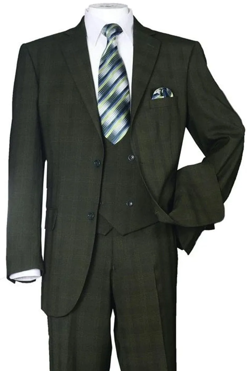 "Olive Green Modern Fit Plaid Windowpane Men's Suit with Double Breasted Vest" sold by Alberto Nardoni