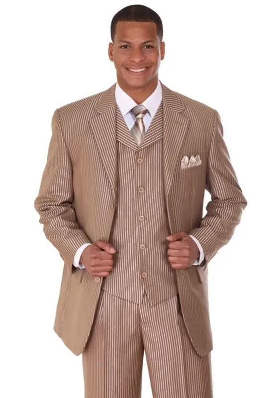 "Sharkskin Pinstripe Suit - Men's 3-Button Vested in Tan" sold by Alberto Nardoni