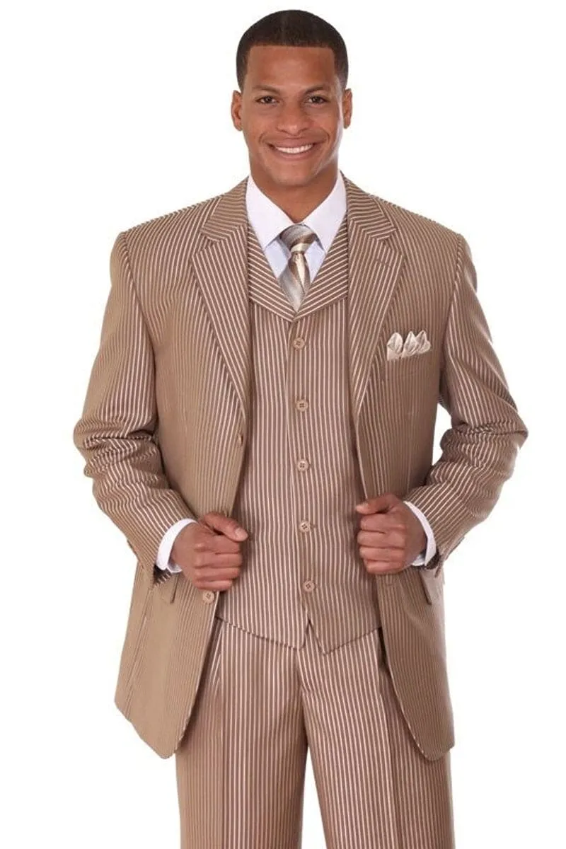 "Sharkskin Pinstripe Suit - Men's 3-Button Vested in Tan" sold by Alberto Nardoni