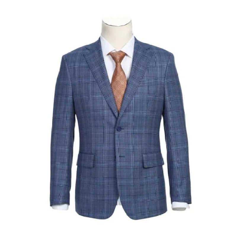 Designer Brand - Wool Stretch Single Breasted Slim Fit Denim Blue Glen made by Alberto Nardoni