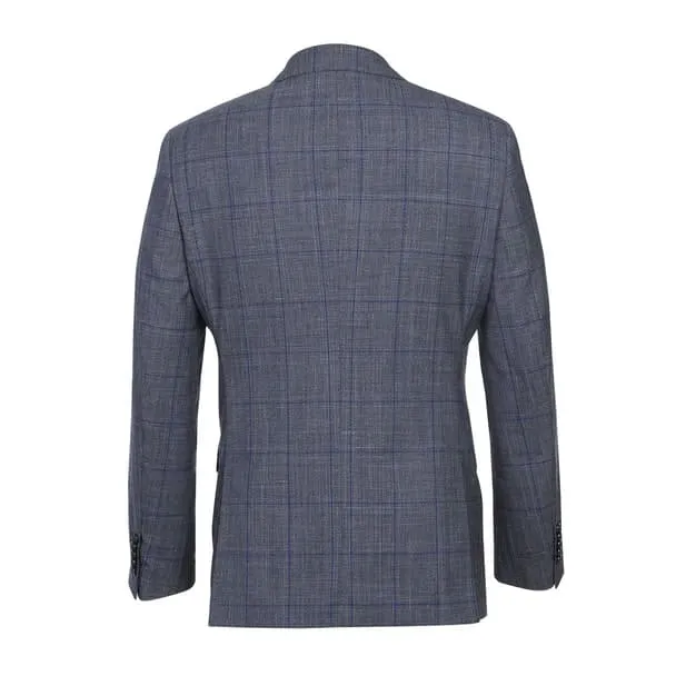 Wool Silk and Linen Double Breasted Slim Fit Grey and Blue Windowpane sold by Alberto Nardoni product image thumbnail 4