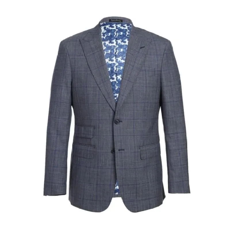 Wool Silk and Linen Double Breasted Slim Fit Grey and Blue Windowpane sold by Alberto Nardoni