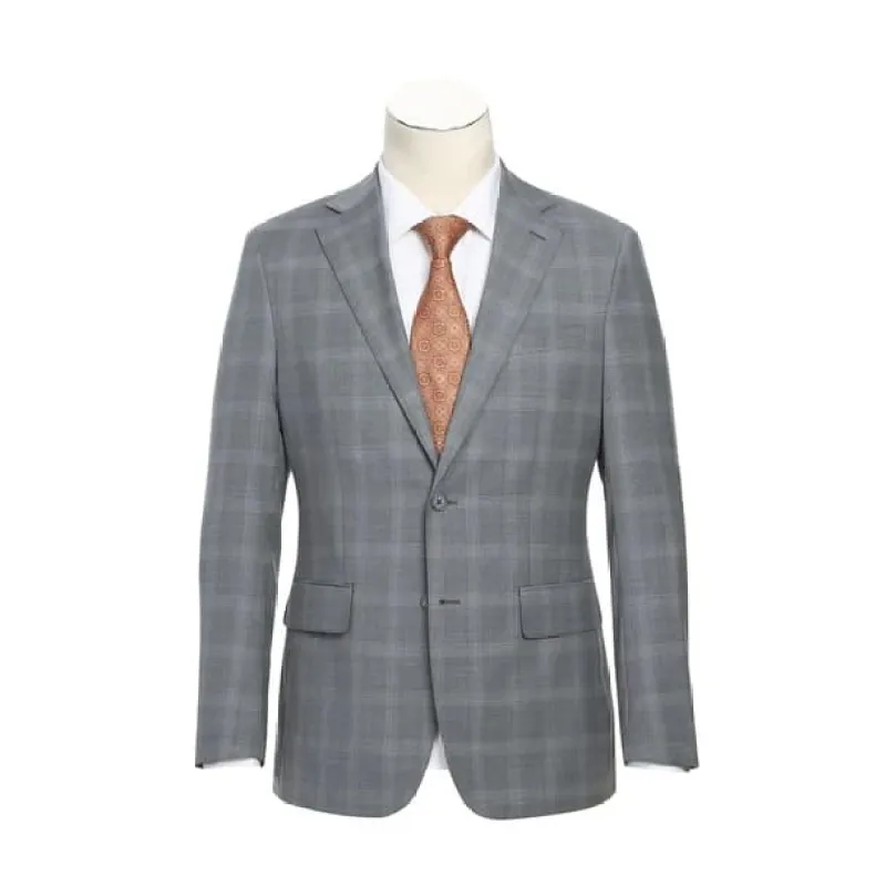 Wool Stretch Single Breasted Slim Fit Light Grey Windowpane Suit sold by Alberto Nardoni