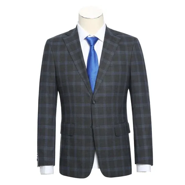 Stretch performance Single Breasted Slim Fit Charcoal and Blue Plaid Suit sold by Alberto Nardoni product image thumbnail 3