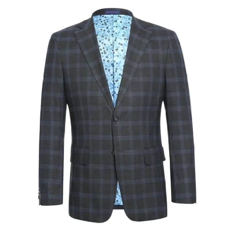 Stretch performance Single Breasted Slim Fit Charcoal and Blue Plaid Suit sold by Alberto Nardoni