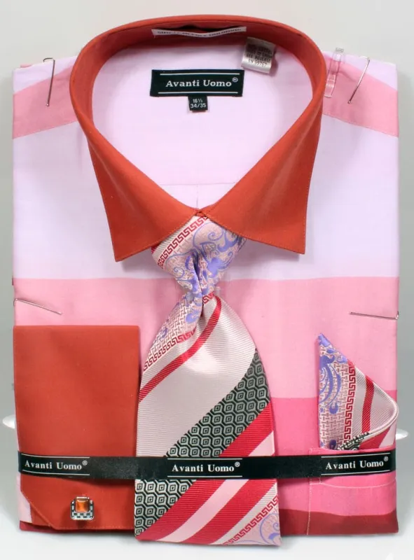 "Men's Pink French Cuff Dress Shirt Set with Contrast Collar & Stripes" sold by Alberto Nardoni
