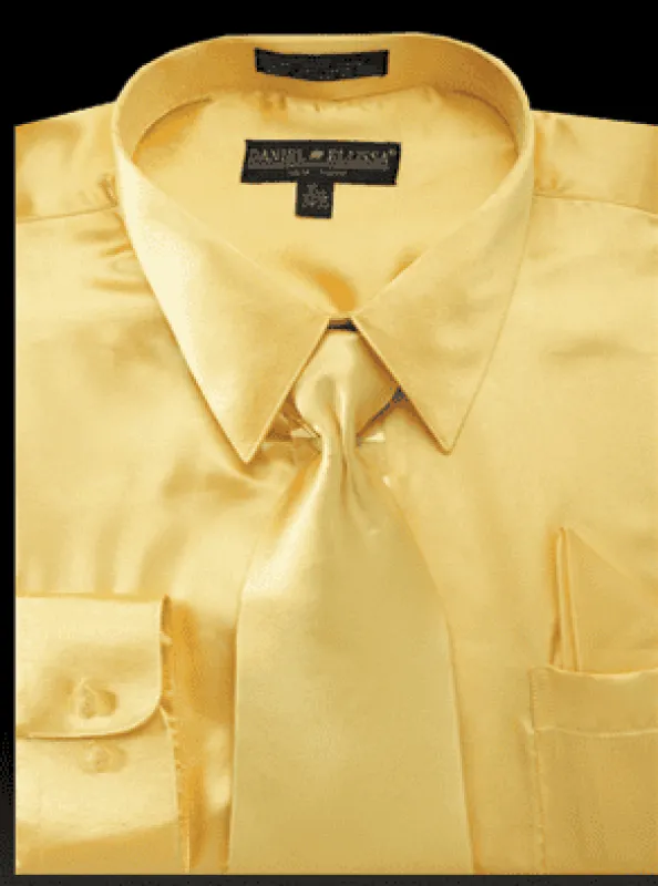 Gold Satin Men's Regular Fit Dress Shirt Set with Tie & Pocket Square sold by Alberto Nardoni