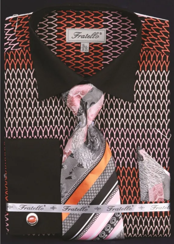 "Arch Pattern Men's French Cuff Shirt & Tie Combo - Black & Orange" sold by Alberto Nardoni