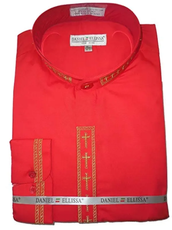 "Men's Clergy Shirt - Red & Gold Cross Embroidered Banded Collar Dress" sold by Alberto Nardoni