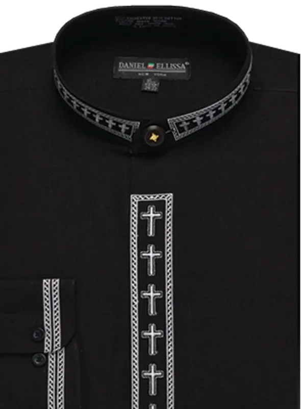 "Men's Clergy Shirt - Cross Embroidered Banded Collar Dress in Black & White" sold by Alberto Nardoni