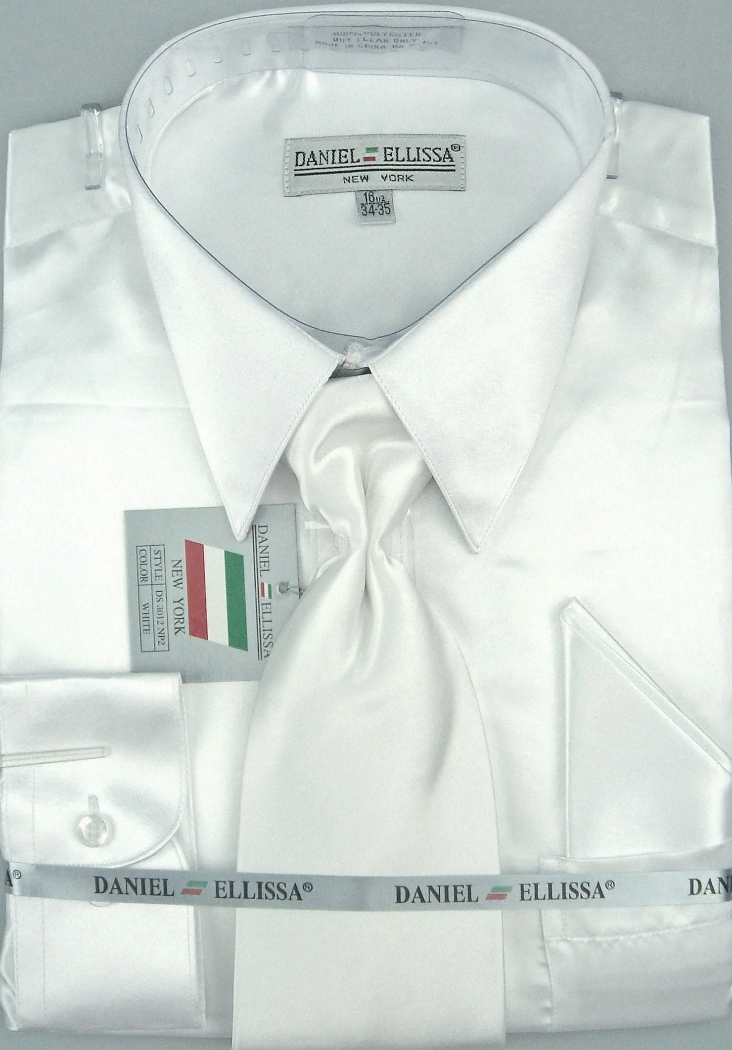 White Satin Men's Dress Shirt Set with Tie & Pocket Square - Regular Fit sold by Alberto Nardoni