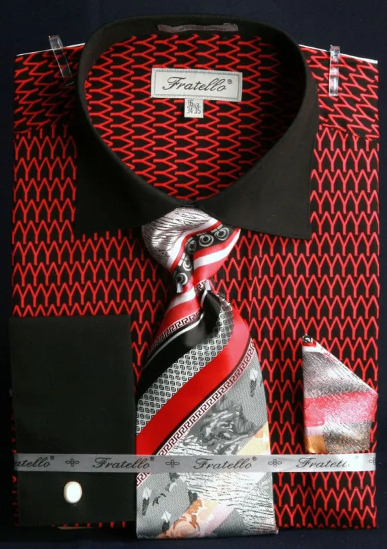 "Arch Pattern Men's French Cuff Shirt & Tie Combo - Spread Collar, Black & Red" made by Alberto Nardoni