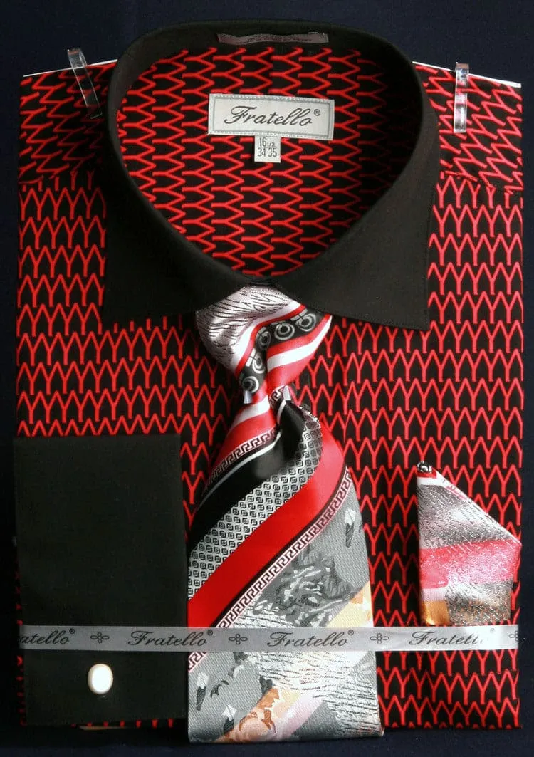 "Arch Pattern Men's French Cuff Shirt & Tie Combo - Spread Collar, Black & Red" sold by Alberto Nardoni