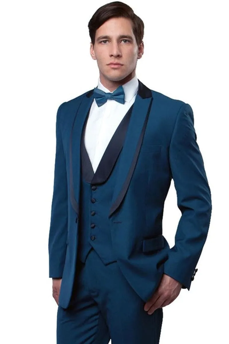 "Teal Blue Men's Fancy Tuxedo with Satin Trim and One Button Peak Lapel" sold by Alberto Nardoni