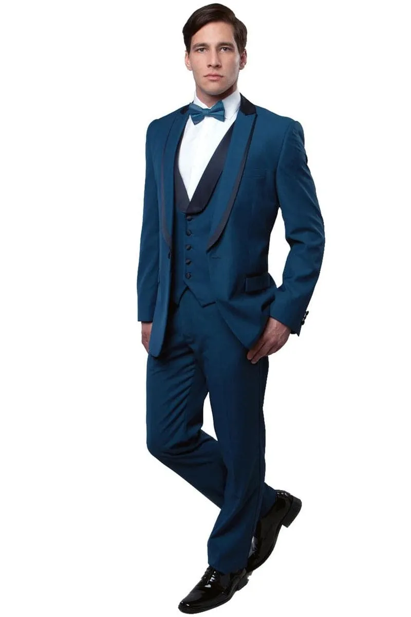 "Teal Blue Men's Fancy Tuxedo with Satin Trim and One Button Peak Lapel" sold by Alberto Nardoni product image thumbnail 2