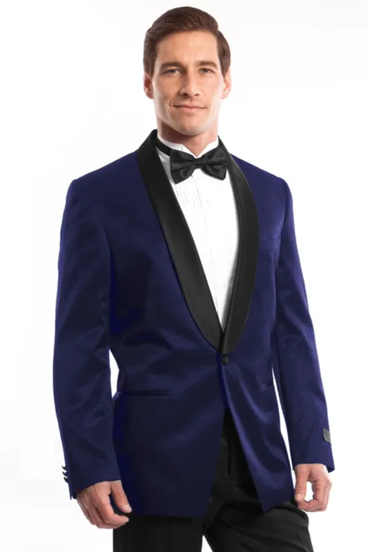 "Slim Fit Men's Shawl Tuxedo - Navy Satin Birdseye" made by Alberto Nardoni