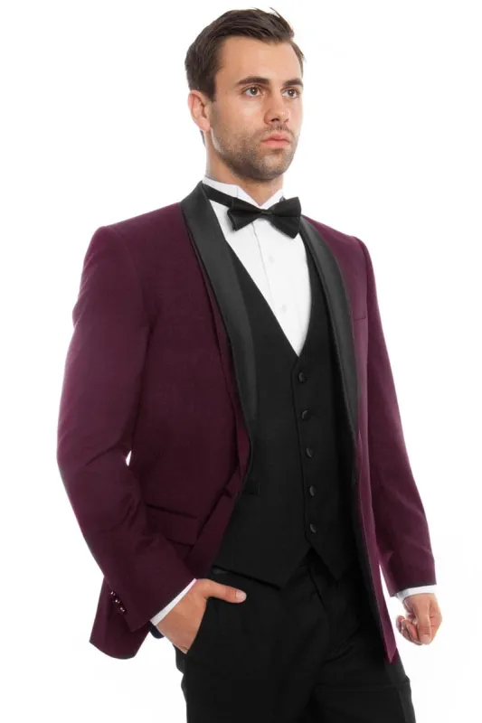 "Burgundy Men's Tuxedo with Satin Trimmed Shawl Lapel - One Button Vested" sold by Alberto Nardoni