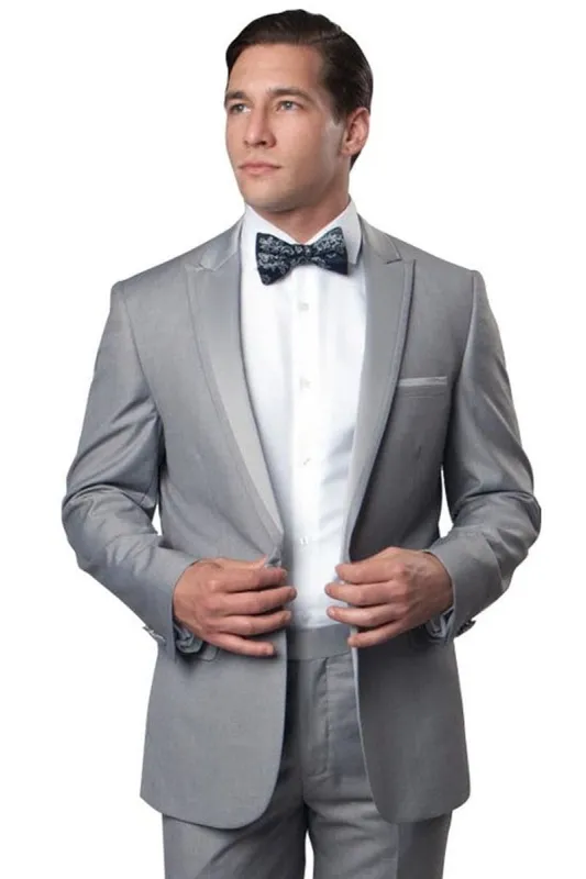 "Light Grey Men's Slim Fit Tuxedo - One Button, Satin Trim, Peak Lapel for Prom 2025 & Wedding" sold by Alberto Nardoni