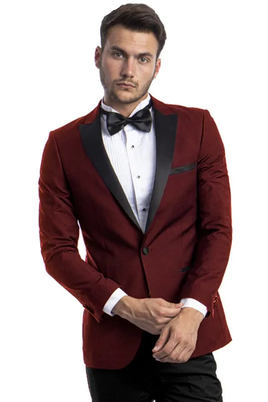 "Burgundy Men's Slim Fit Wedding Tuxedo with One Button Peak Lapel" sold by Alberto Nardoni