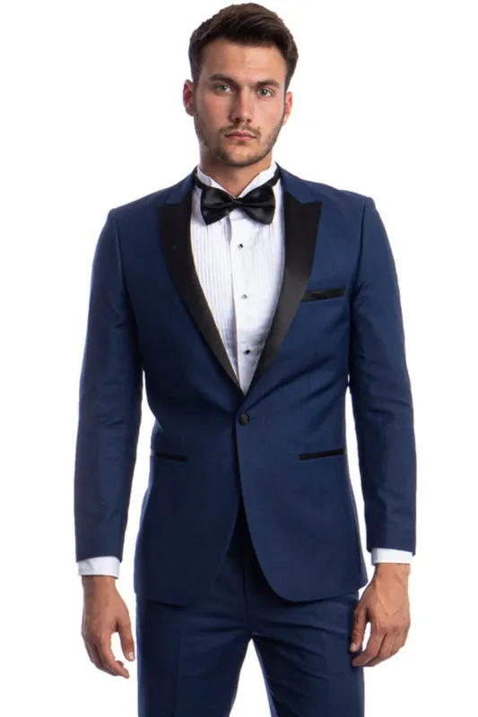 "Cobalt Blue Men's Slim Fit Wedding Tuxedo with One Button Peak Lapel" sold by Alberto Nardoni