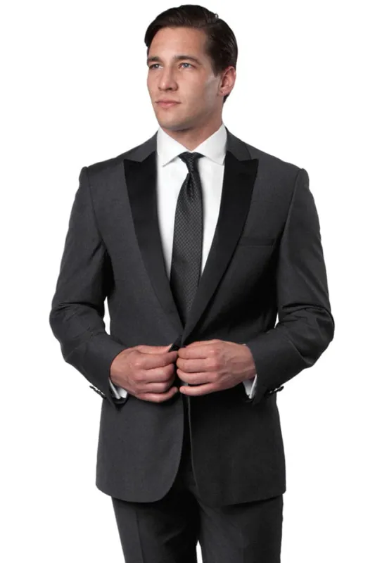"Charcoal Grey Men's Slim Fit Wedding Tuxedo with One Button Peak Lapel" sold by Alberto Nardoni