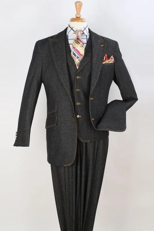 "Black Denim Vested Suit for Men - Two Button Peak Lapel" sold by Alberto Nardoni