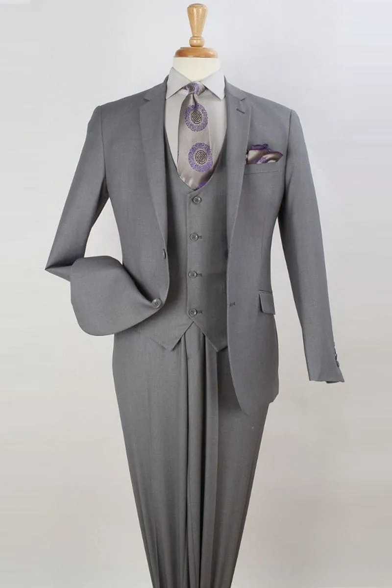 "Light Grey Slim Fit Two Button Men's Suit with Scoop Vest" sold by Alberto Nardoni